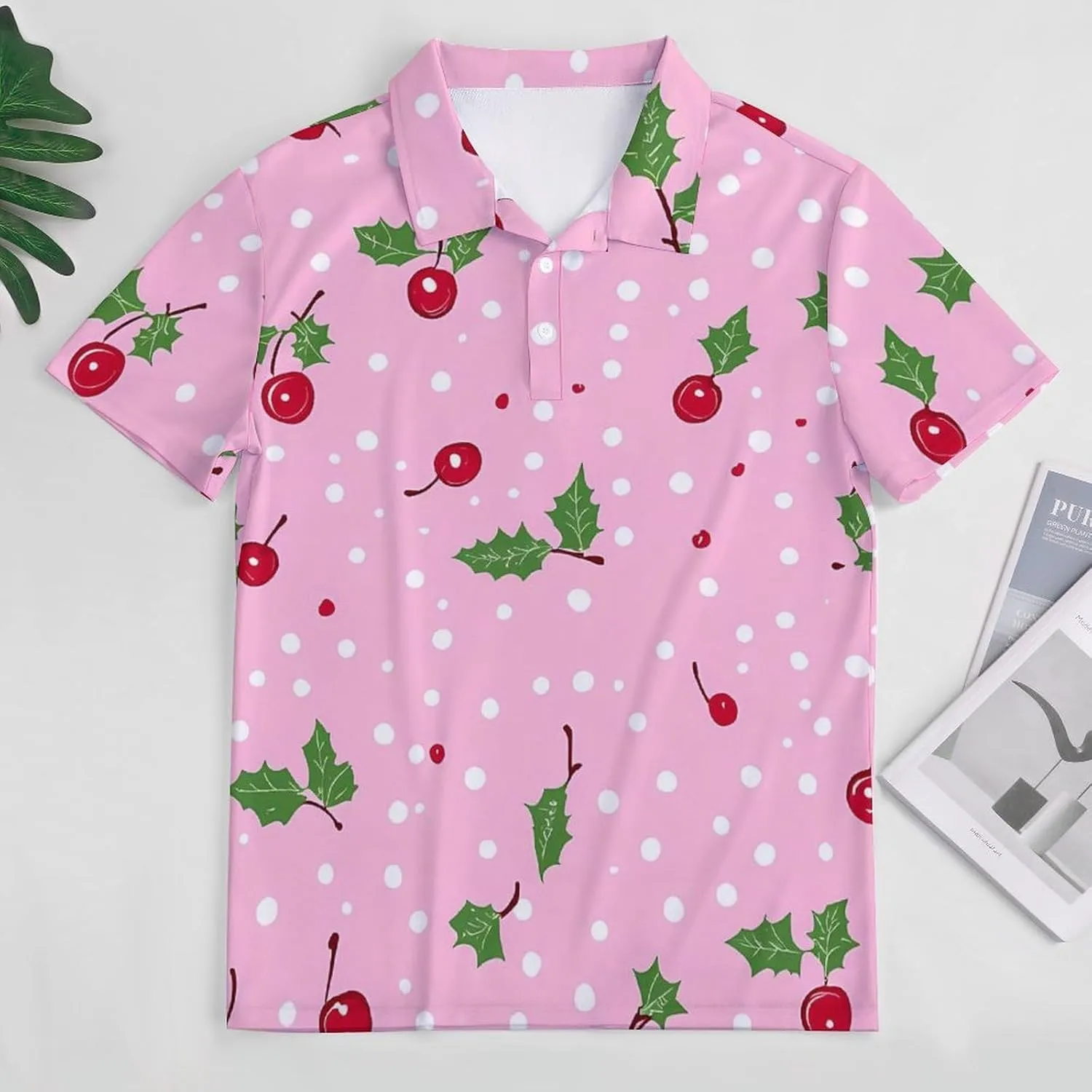 Cute Cherry Pattern Slim Fit Men's Short Sleeve Polo Shirts Quick-Dry Breathable Golf T-Shirt Tops