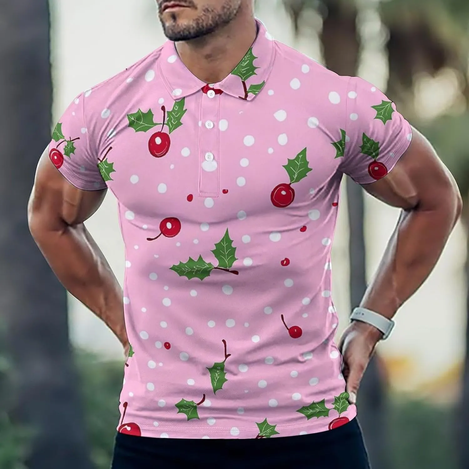 Cute Cherry Pattern Slim Fit Men's Short Sleeve Polo Shirts Quick-Dry Breathable Golf T-Shirt Tops