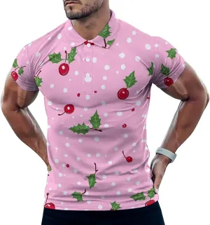 Cute Cherry Pattern Slim Fit Men's Short Sleeve Polo Shirts Quick-Dry Breathable Golf T-Shirt Tops