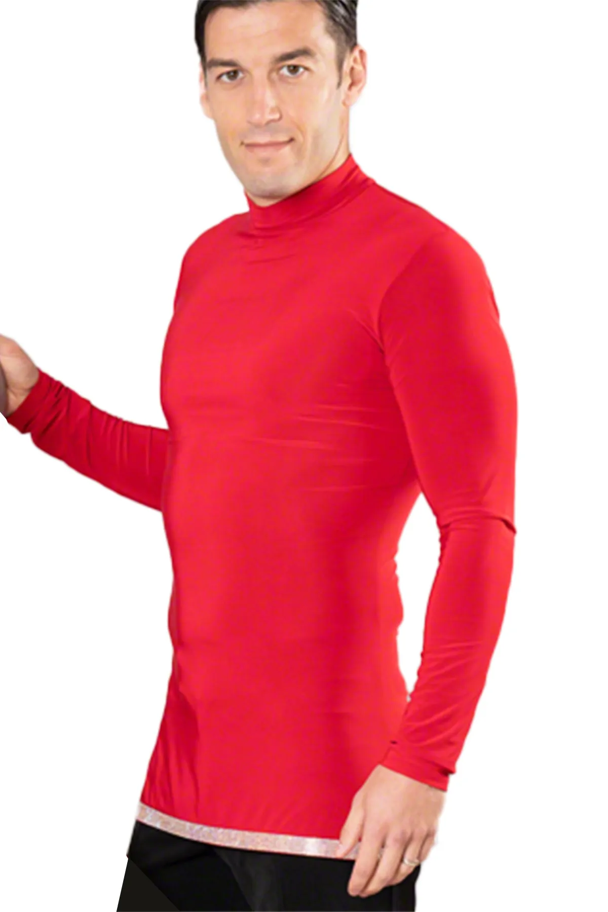 Dance America MS6AR Men's Simple Turtleneck Ballroom Shirt with Rhinestone Hem without Trunks in Stock