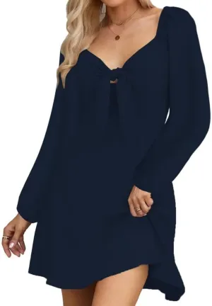 Dresses for Women Casual Wedding Guest Fall Sexy V-Neck Drawstring Long Sleeve Elegant Short Dresses Mini Dress