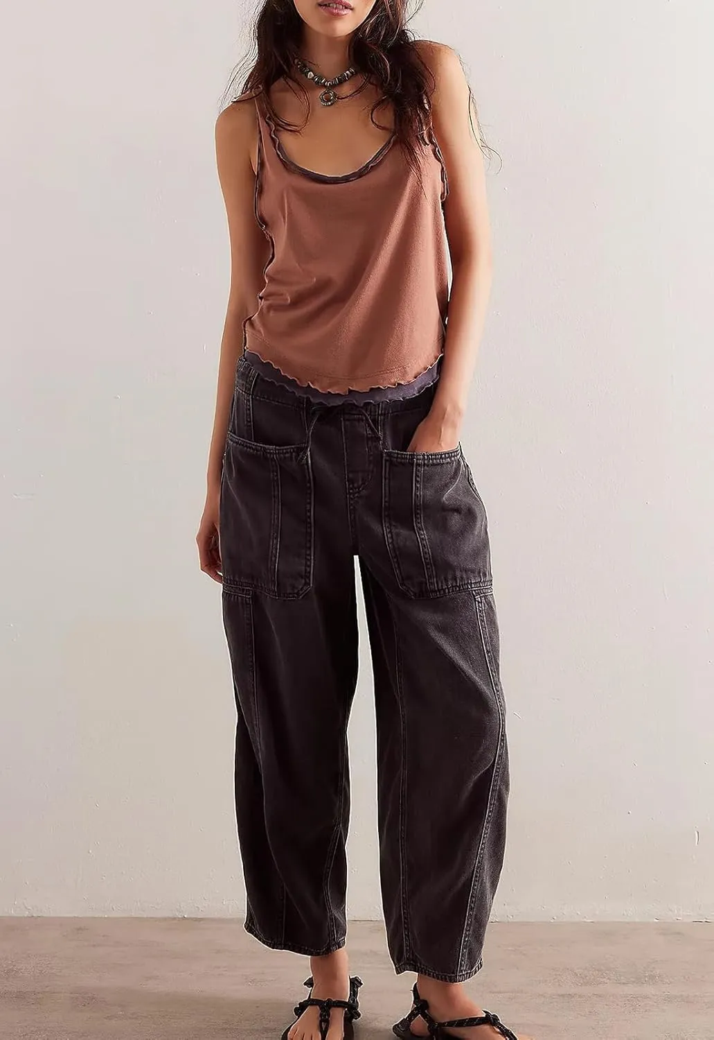ebossy Barrel Jeans for Women Elastic Waist Baggy Loose Boyfriend Cropped Denim Pants with Drawstring