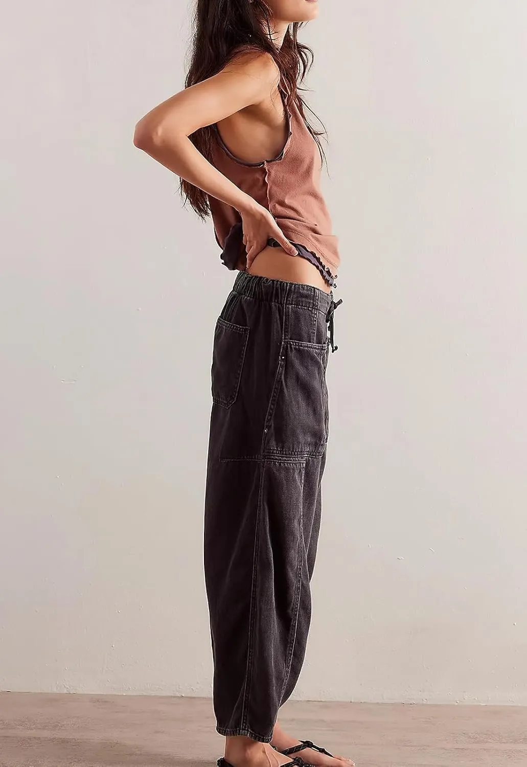 ebossy Barrel Jeans for Women Elastic Waist Baggy Loose Boyfriend Cropped Denim Pants with Drawstring