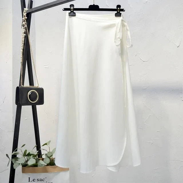 Elegant High-Waist Side Tie-Wrap Midi Skirt