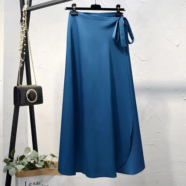 Elegant High-Waist Side Tie-Wrap Midi Skirt