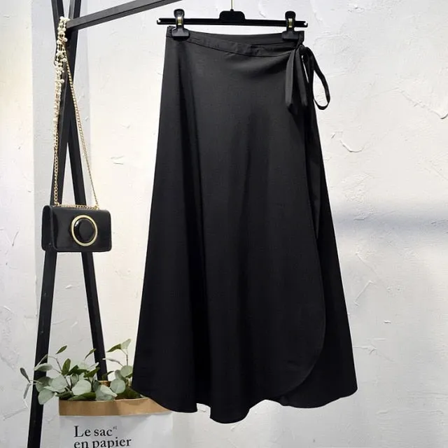 Elegant High-Waist Side Tie-Wrap Midi Skirt