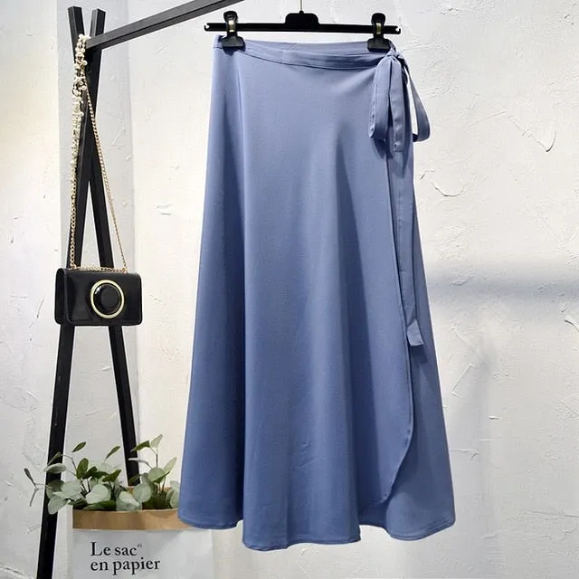 Elegant High-Waist Side Tie-Wrap Midi Skirt