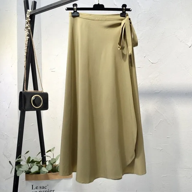 Elegant High-Waist Side Tie-Wrap Midi Skirt