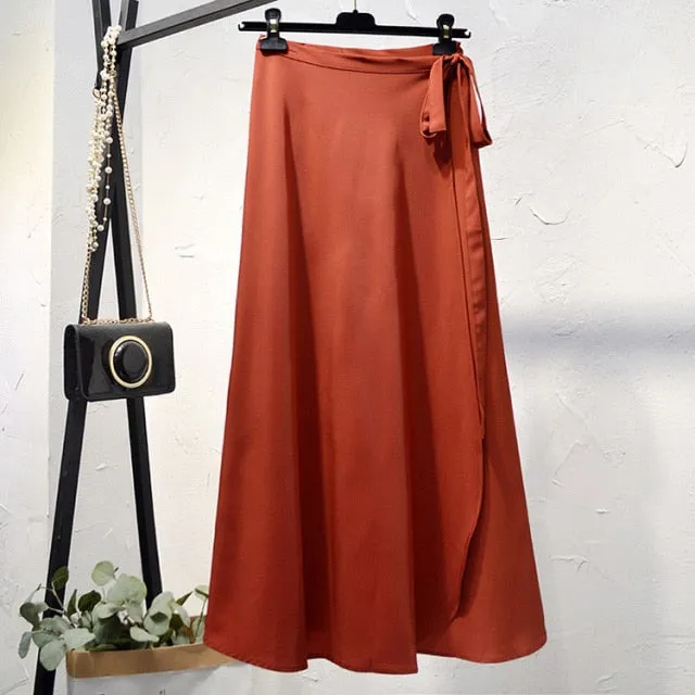 Elegant High-Waist Side Tie-Wrap Midi Skirt