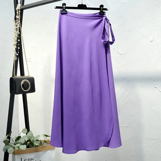 Elegant High-Waist Side Tie-Wrap Midi Skirt