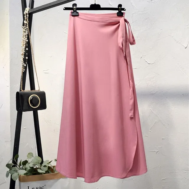 Elegant High-Waist Side Tie-Wrap Midi Skirt