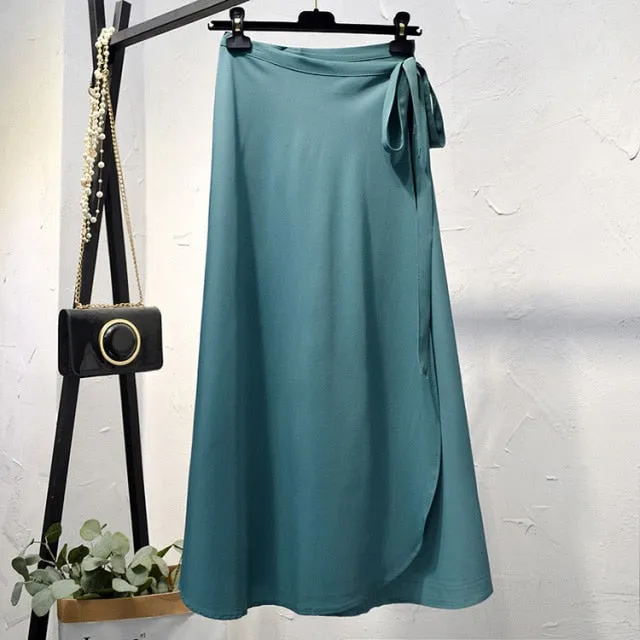 Elegant High-Waist Side Tie-Wrap Midi Skirt