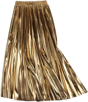 Elegant Women Midi Skirt High Waist Gold Solid Color Pleated Skirts