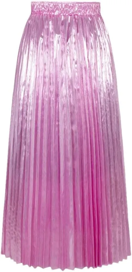Elegant Women Midi Skirt High Waist Gold Solid Color Pleated Skirts