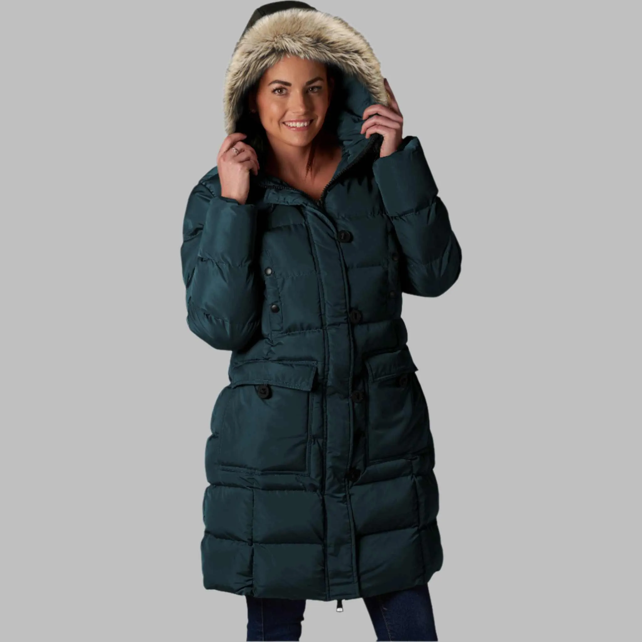 ELORA Women's Winter Vegan Down Puffer Parka Mid-Length Cargo Coat