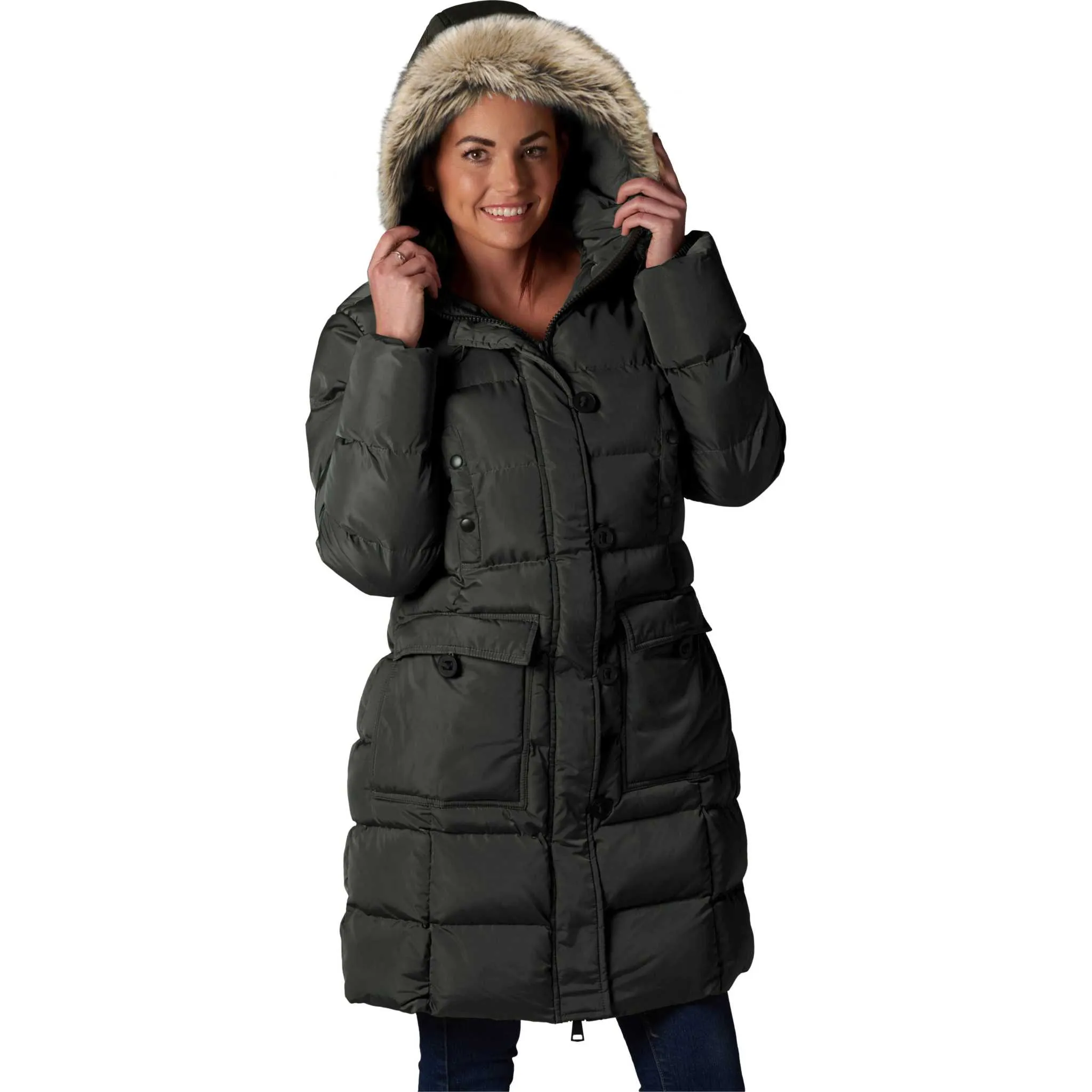 ELORA Women's Winter Vegan Down Puffer Parka Mid-Length Cargo Coat