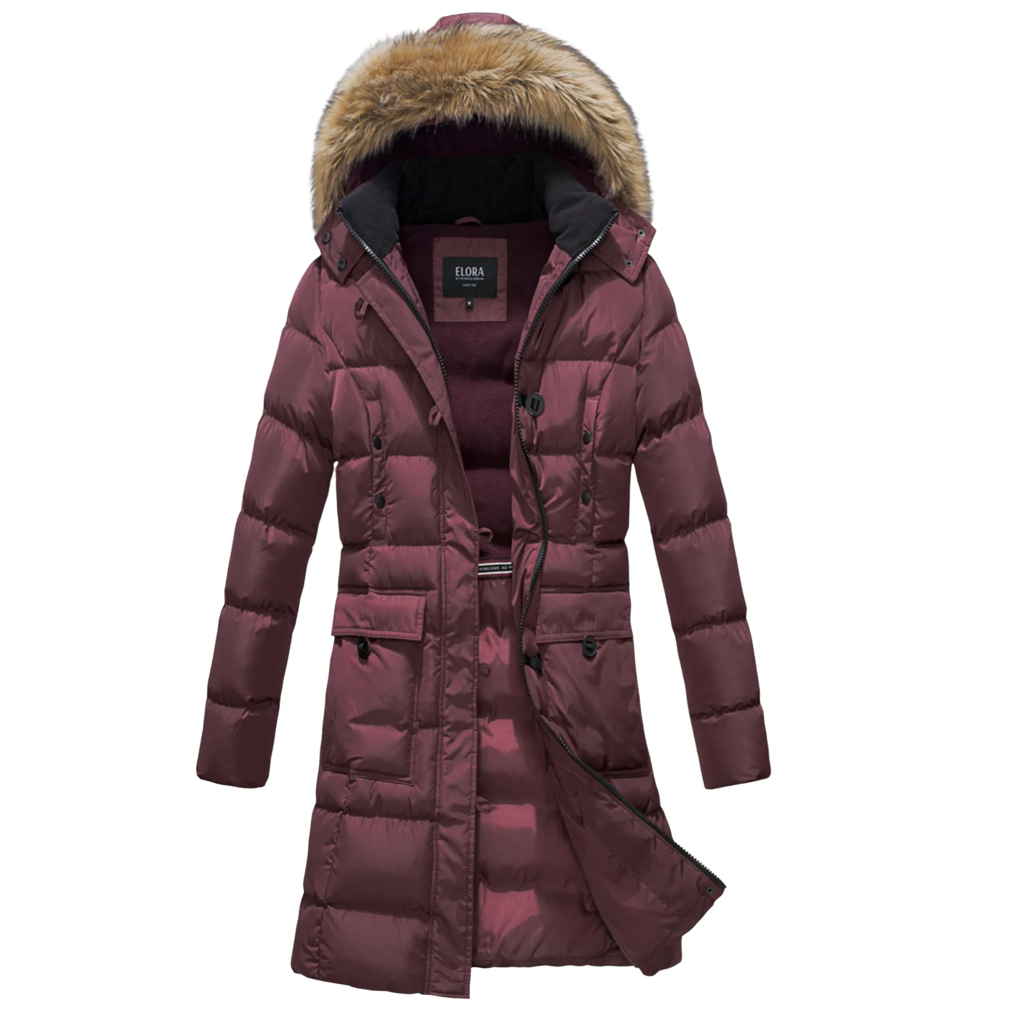 ELORA Women's Winter Vegan Down Puffer Parka Mid-Length Cargo Coat
