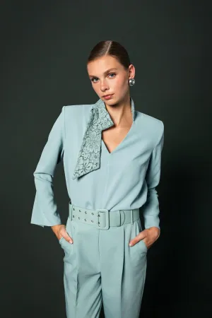 Embroidered Blouse with Scarf Green
