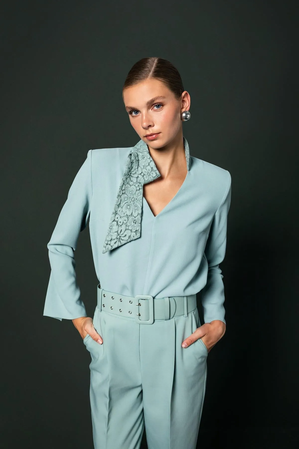 Embroidered Blouse with Scarf Green