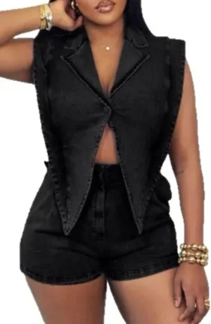 Famnbro Womens Denim Romper Y2k Sleeveless V Neck Lapel Blazers Vest Work Business Short Jeans Jumpsuits