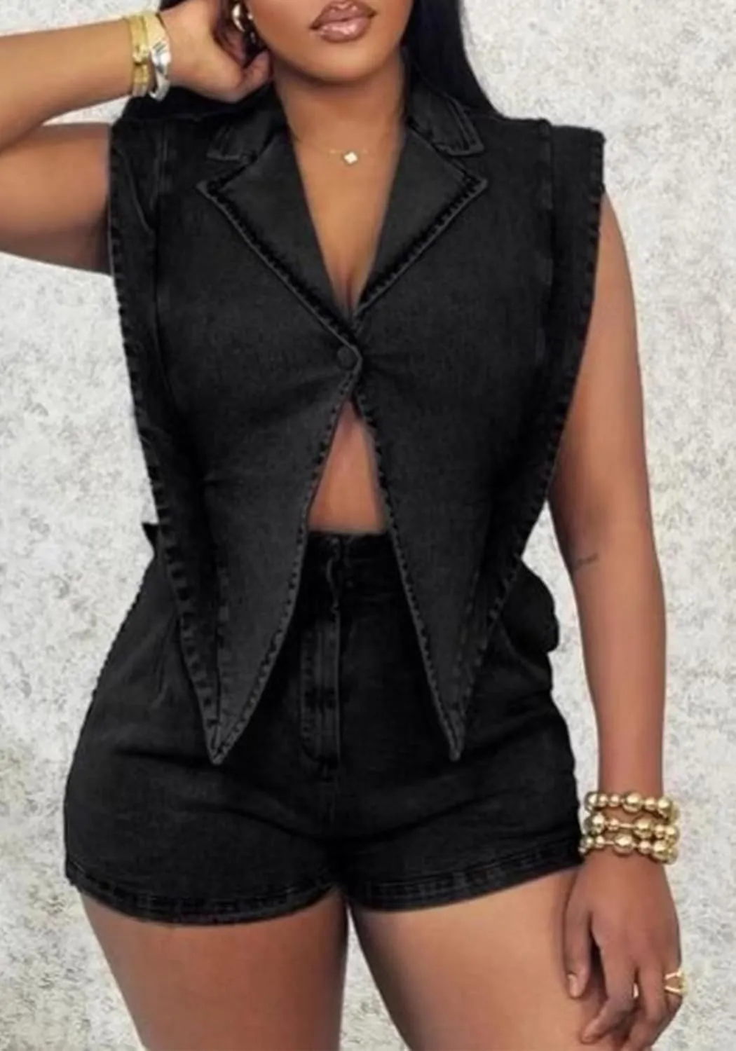 Famnbro Womens Denim Romper Y2k Sleeveless V Neck Lapel Blazers Vest Work Business Short Jeans Jumpsuits