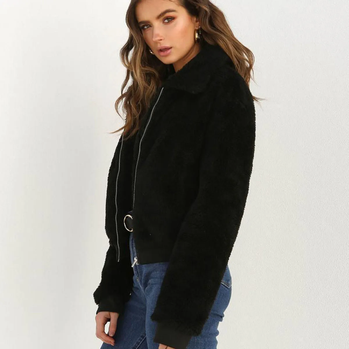 Fashionable White Warm Fleece Fur Bomber Jacket