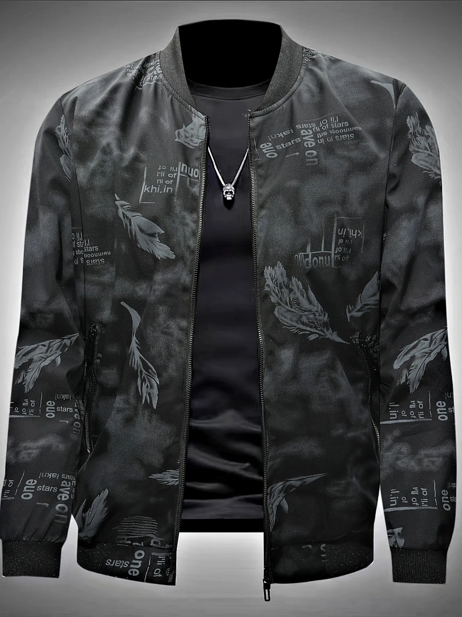 Feathers Pattern Allover Print Design Track Jacket, Men's Casual Baseball Collar Zip Up Jacket For Outdoor Wearing