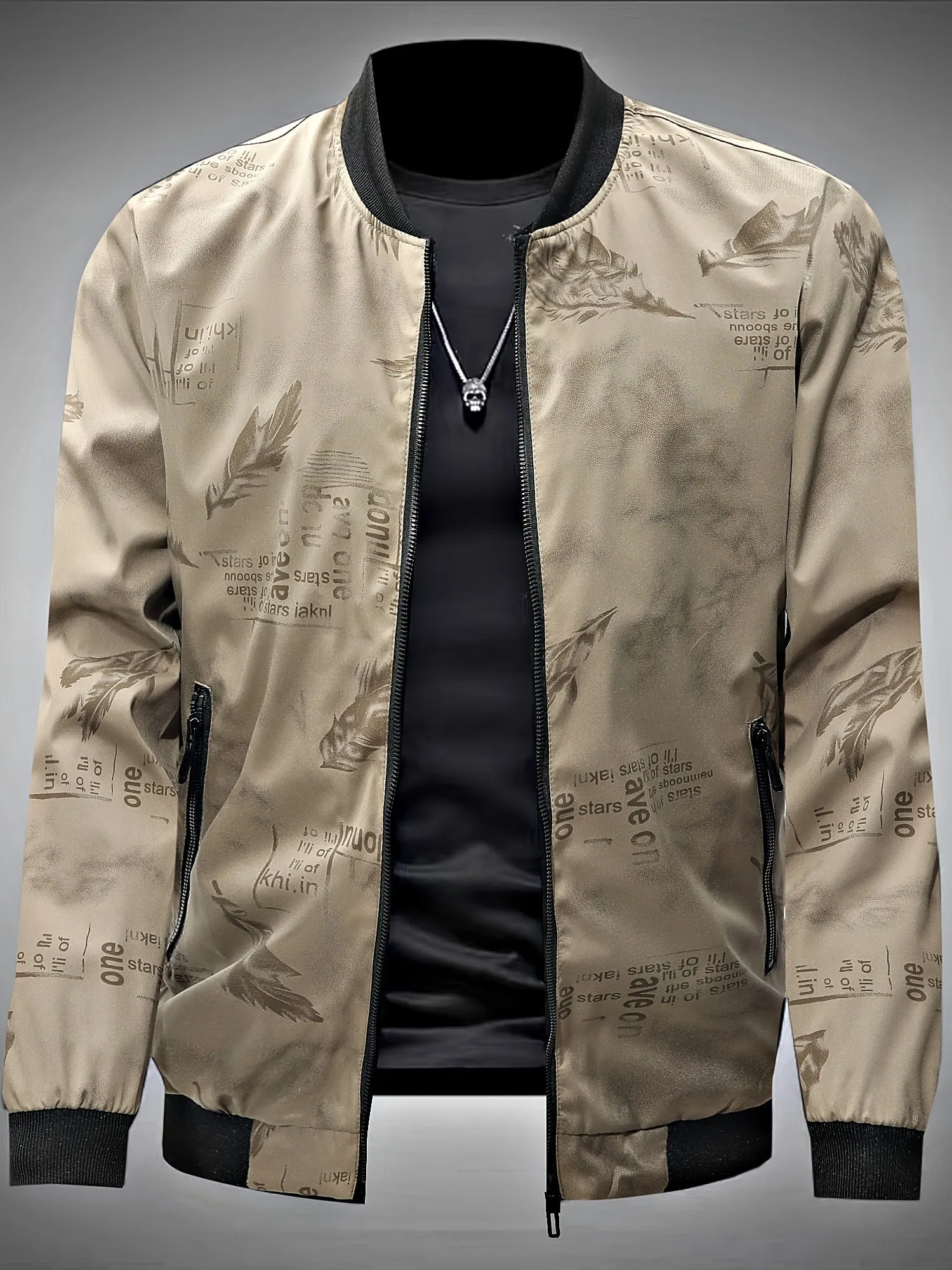 Feathers Pattern Allover Print Design Track Jacket, Men's Casual Baseball Collar Zip Up Jacket For Outdoor Wearing