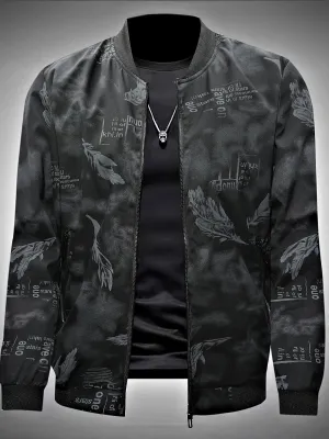 Feathers Pattern Allover Print Design Track Jacket, Men's Casual Baseball Collar Zip Up Jacket For Outdoor Wearing