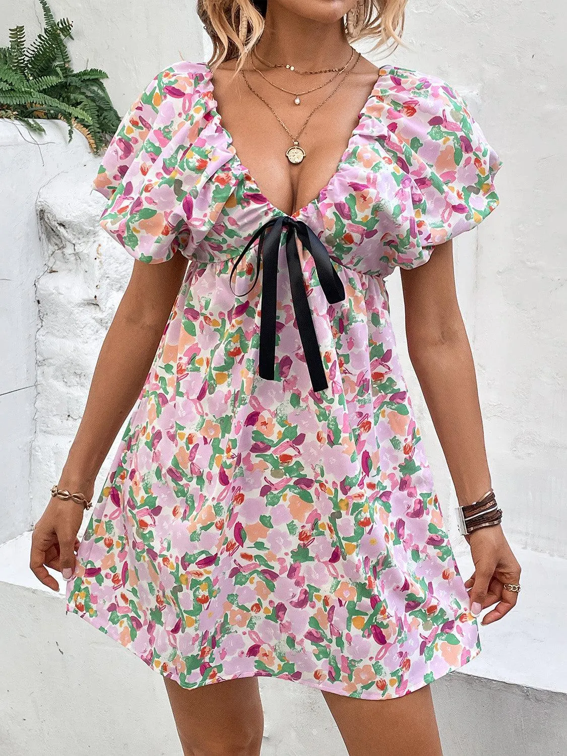 Feminine Allure Plunge Floral Puff Sleeve Mini Dress