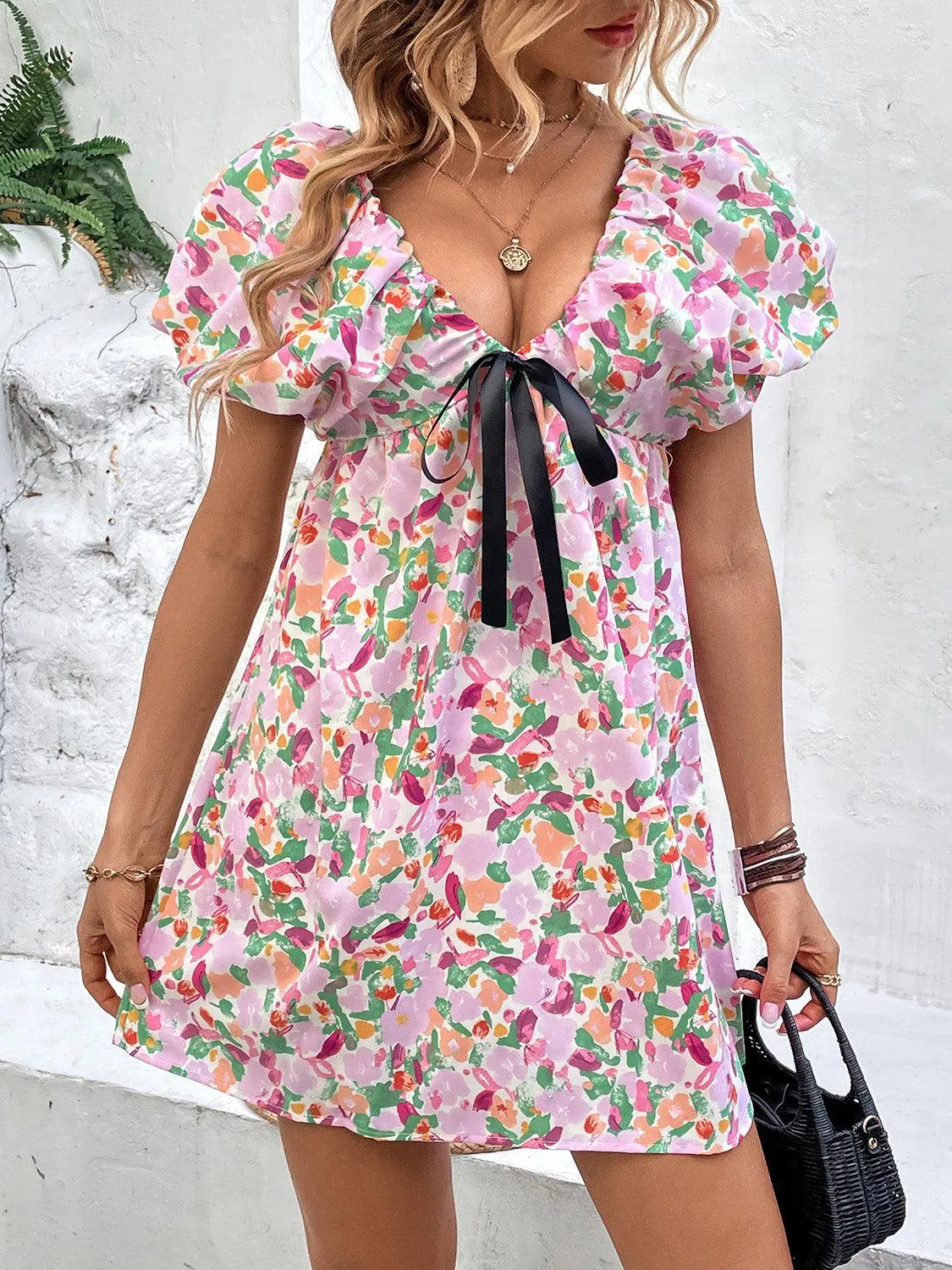 Feminine Allure Plunge Floral Puff Sleeve Mini Dress