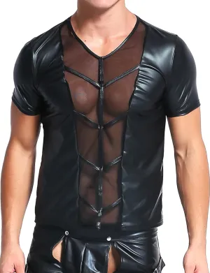 FEOYA Leather Shirt Men Shiny Slim Fit Tank Top Sexy Faux Leather Latex Clothing Wetlook Club Party Undershirts