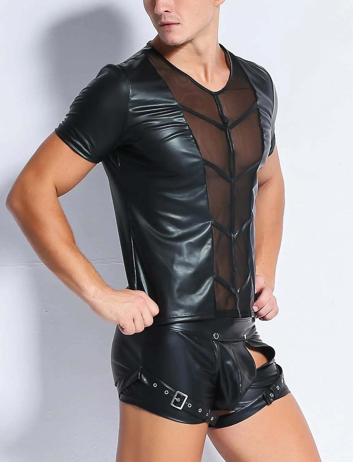 FEOYA Leather Shirt Men Shiny Slim Fit Tank Top Sexy Faux Leather Latex Clothing Wetlook Club Party Undershirts