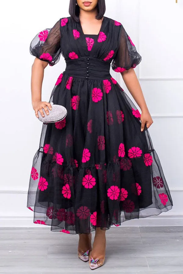Flower Print Feminine Mesh Layered Midi Dress