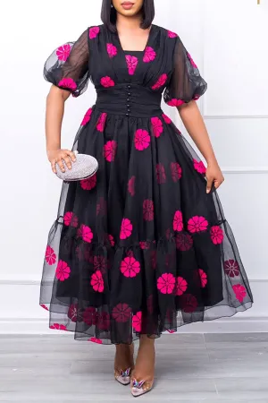 Flower Print Feminine Mesh Layered Midi Dress