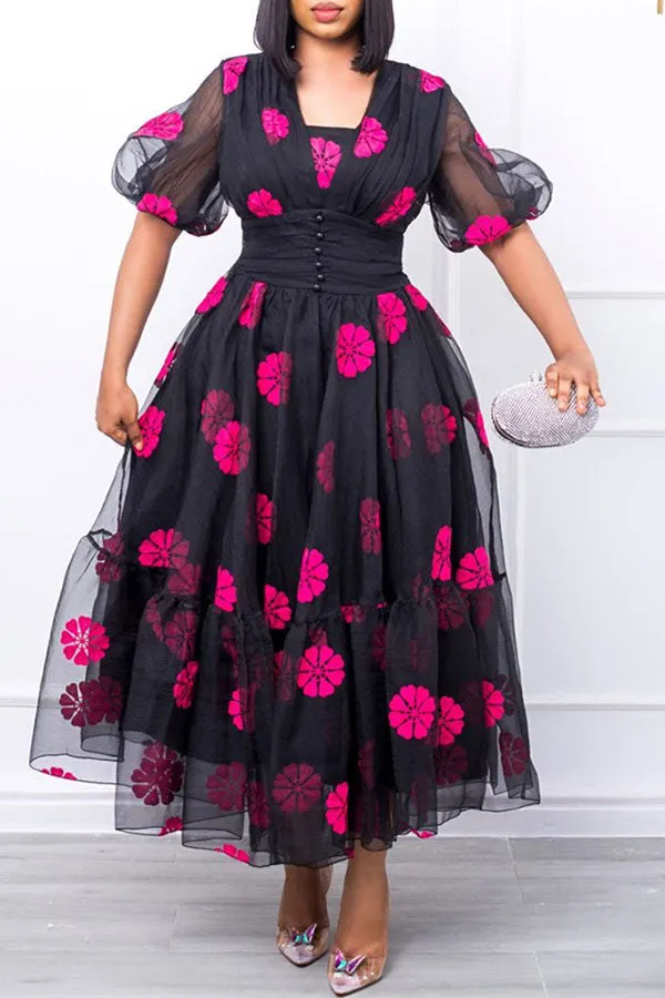 Flower Print Feminine Mesh Layered Midi Dress