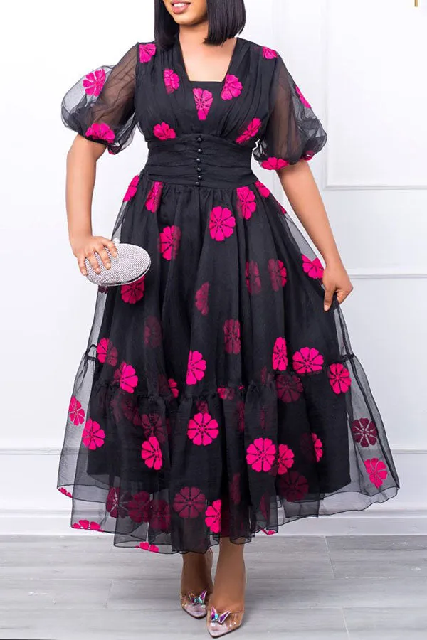 Flower Print Feminine Mesh Layered Midi Dress