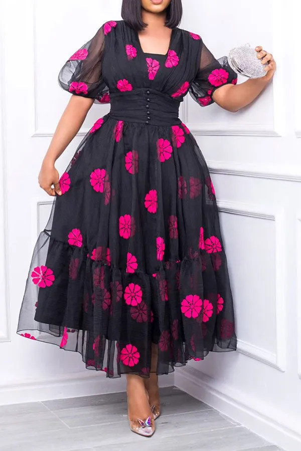 Flower Print Feminine Mesh Layered Midi Dress