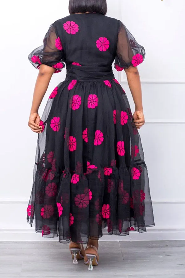 Flower Print Feminine Mesh Layered Midi Dress