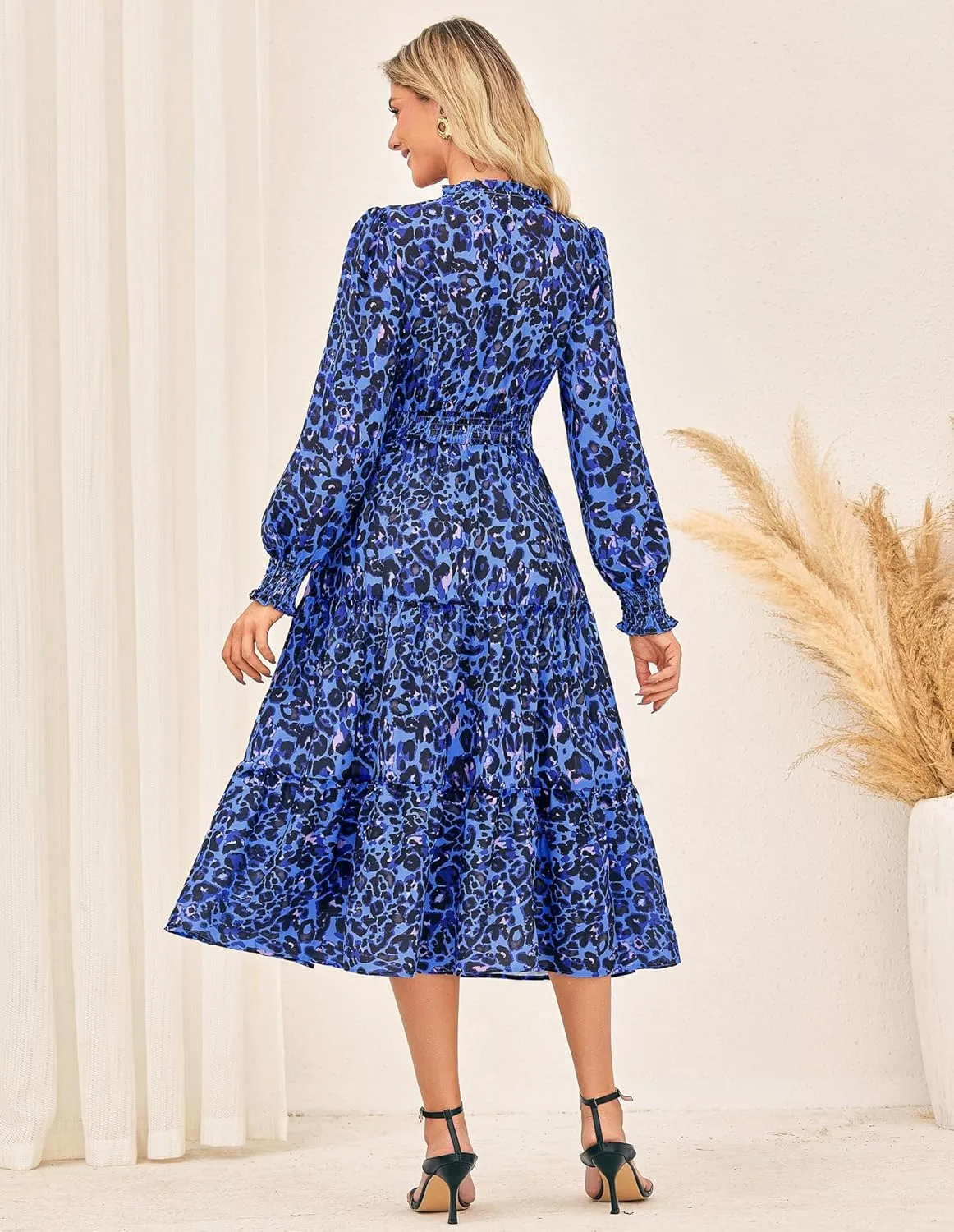 GRACE KARIN 2025 Women's Summer Floral Midi Dress Boho Long Sleeve V Neck Ruffle Casual A Line Flowy Dresses with Pocket