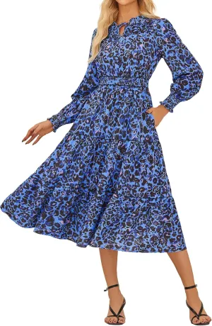 GRACE KARIN 2025 Women's Summer Floral Midi Dress Boho Long Sleeve V Neck Ruffle Casual A Line Flowy Dresses with Pocket