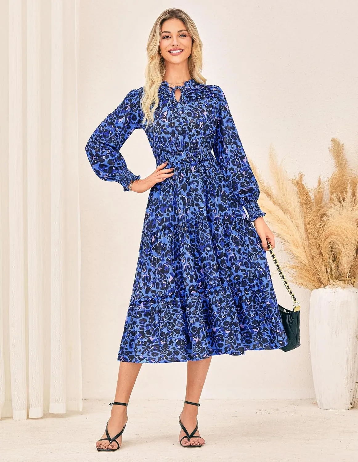 GRACE KARIN 2025 Women's Summer Floral Midi Dress Boho Long Sleeve V Neck Ruffle Casual A Line Flowy Dresses with Pocket