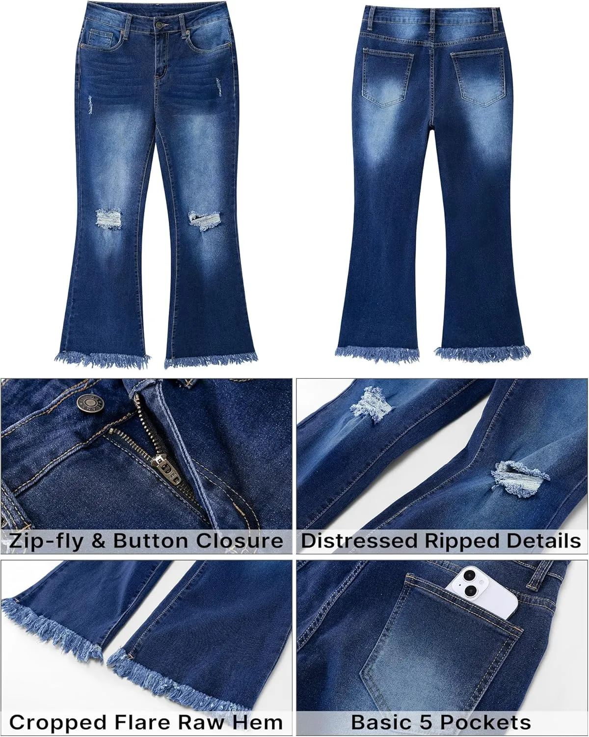 GRAPENT Flare Jeans for Women Trendy High Waisted Cropped Ripped Jeans Wide Leg Stretchy Denim Ankle Pants Raw Hem Jeans