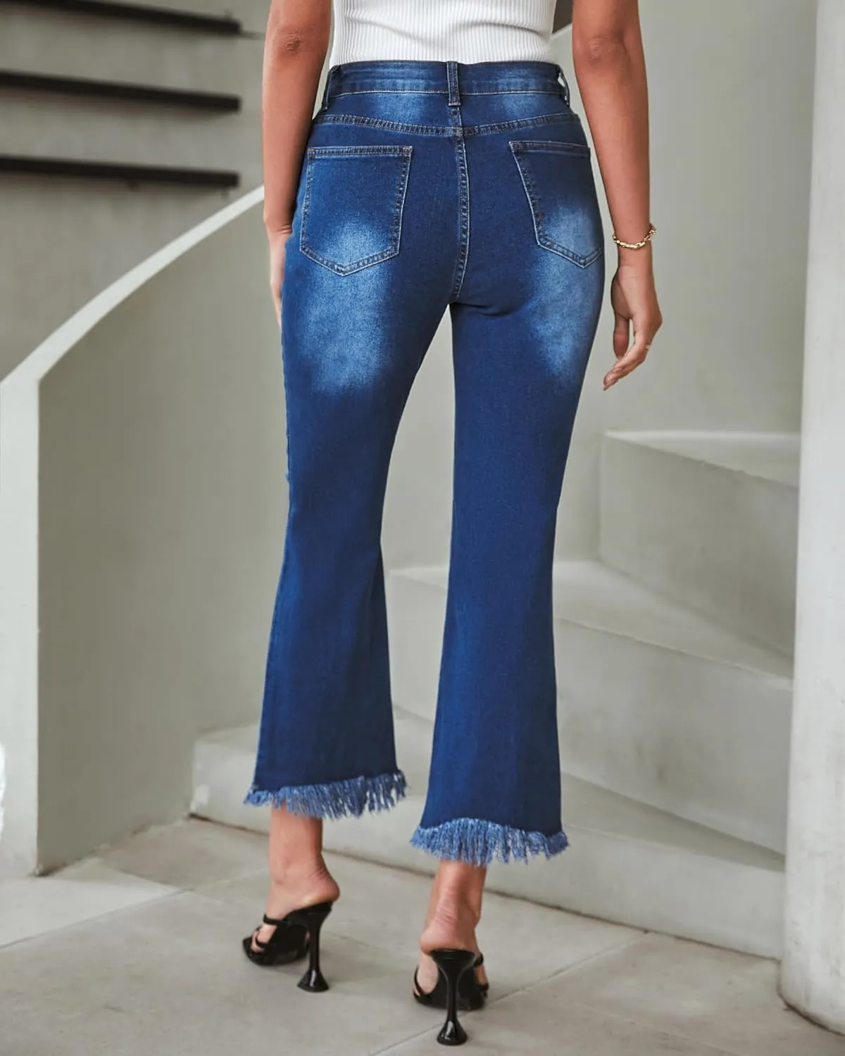 GRAPENT Flare Jeans for Women Trendy High Waisted Cropped Ripped Jeans Wide Leg Stretchy Denim Ankle Pants Raw Hem Jeans