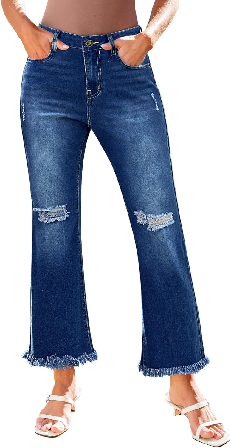 GRAPENT Flare Jeans for Women Trendy High Waisted Cropped Ripped Jeans Wide Leg Stretchy Denim Ankle Pants Raw Hem Jeans
