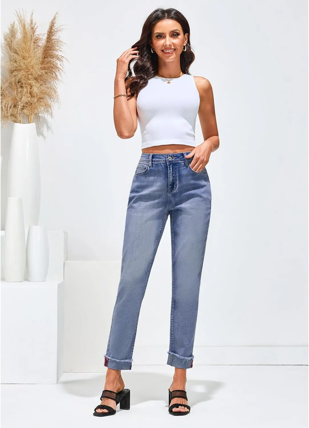 GRAPENT Jeans for Women Trendy High Waisted Slim Straight Leg Mom Jeans Stretchy Denim Pants Trouser Jeans with Pockets