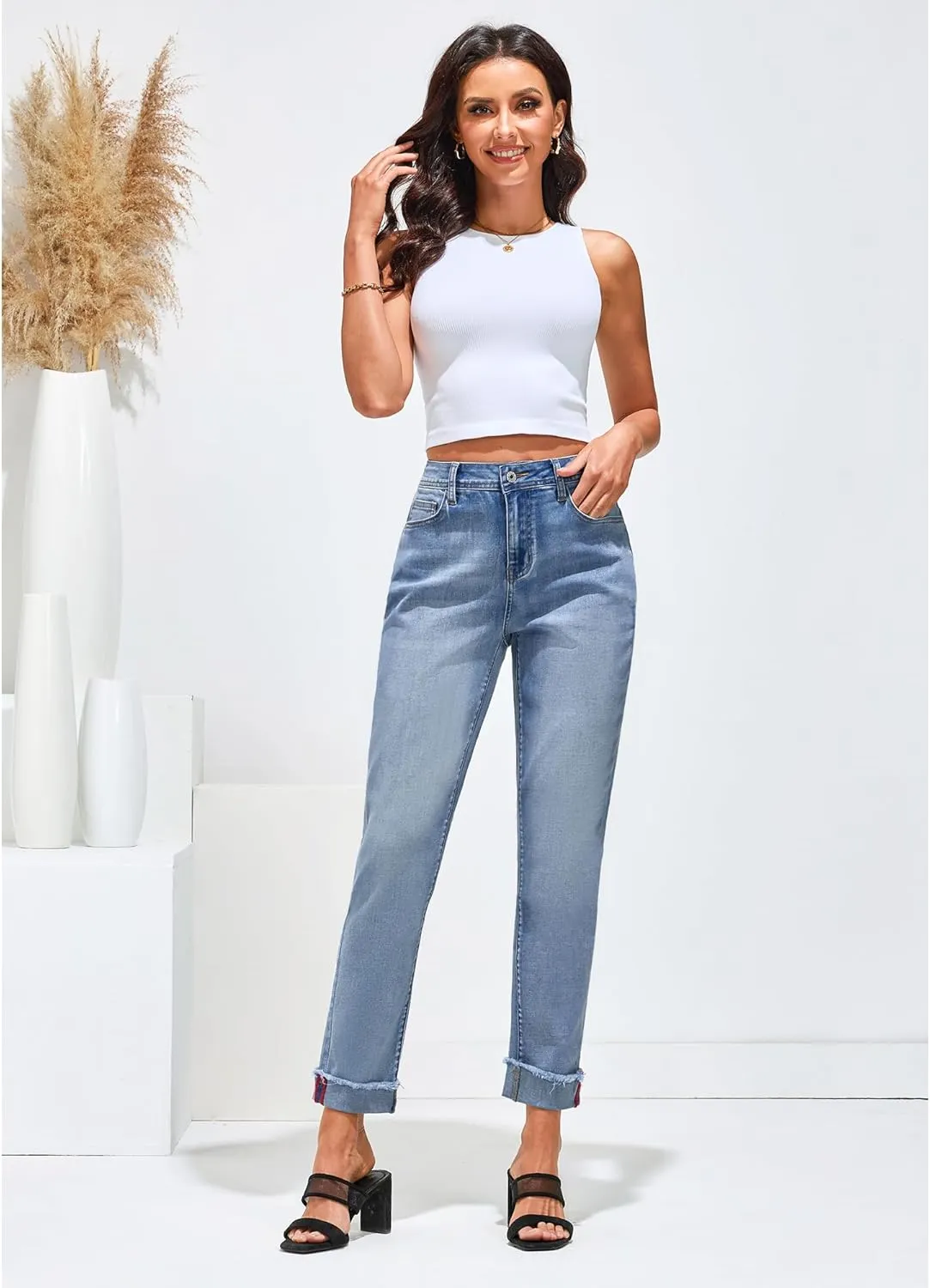 GRAPENT Jeans for Women Trendy High Waisted Slim Straight Leg Mom Jeans Stretchy Denim Pants Trouser Jeans with Pockets