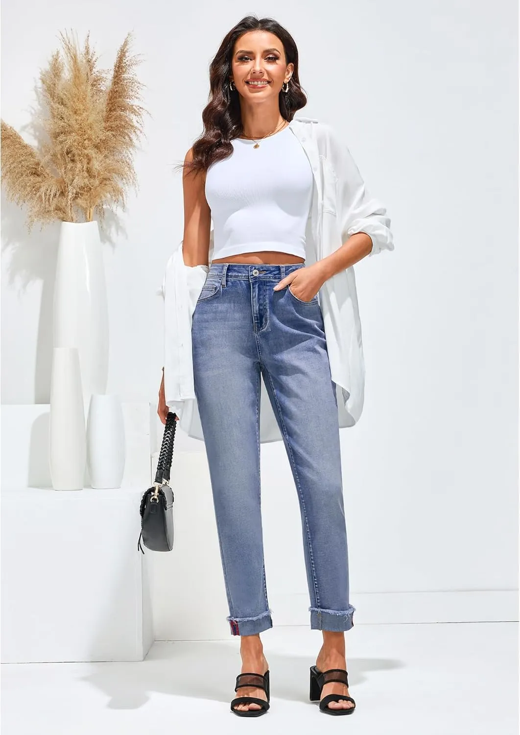 GRAPENT Jeans for Women Trendy High Waisted Slim Straight Leg Mom Jeans Stretchy Denim Pants Trouser Jeans with Pockets