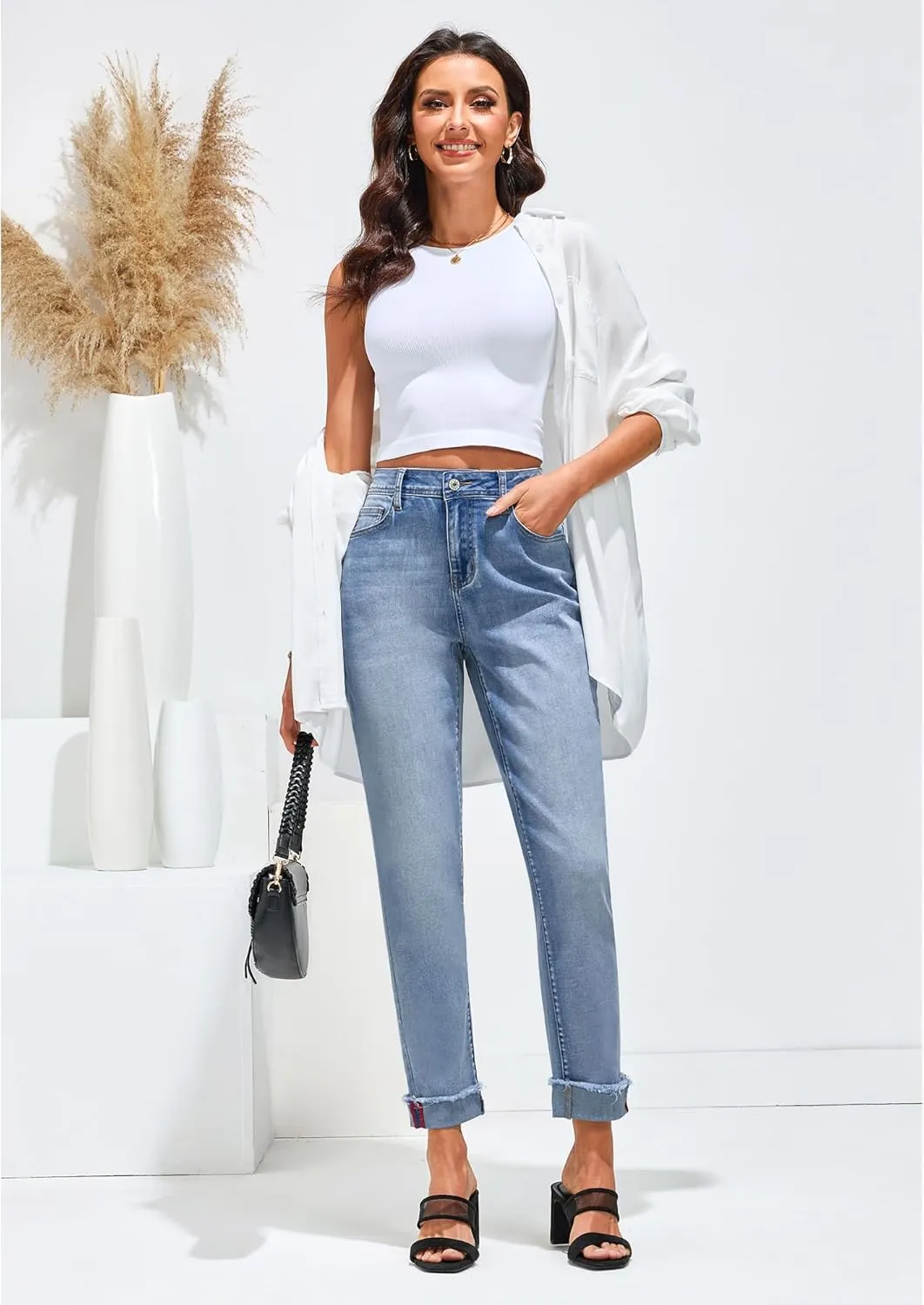 GRAPENT Jeans for Women Trendy High Waisted Slim Straight Leg Mom Jeans Stretchy Denim Pants Trouser Jeans with Pockets