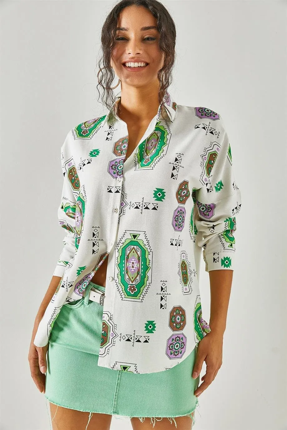 Green Ethnic Print Linen Blouse